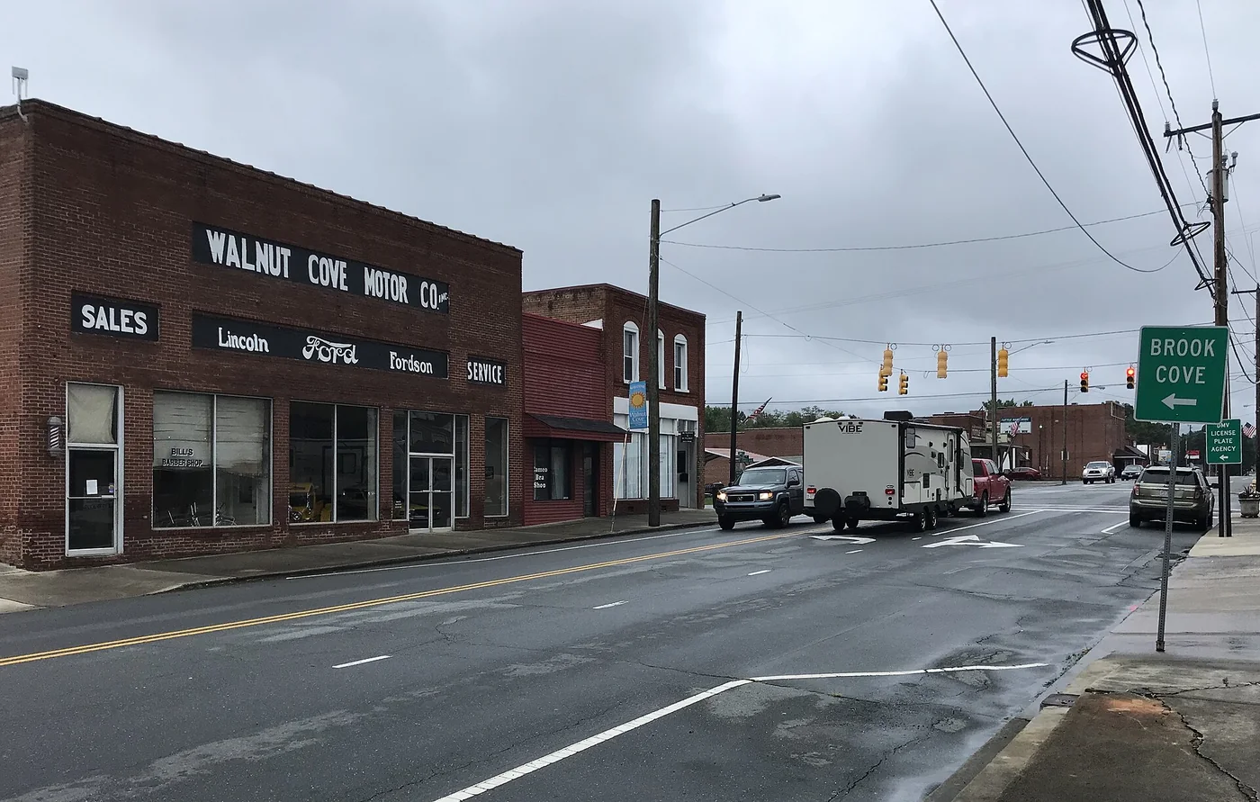 Downtown Walnut Cove streetscape on a cloudy day